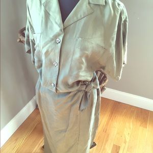 Dusky olive 100% silk wrap skirt and blouse